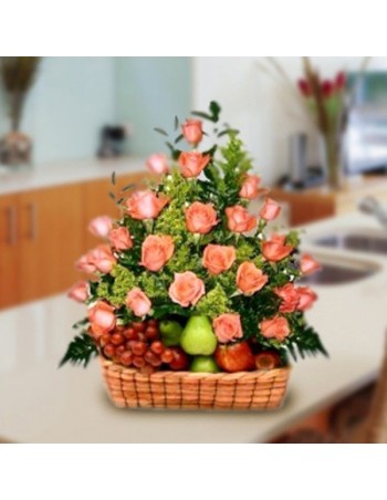 Fruit bowl with pink rose